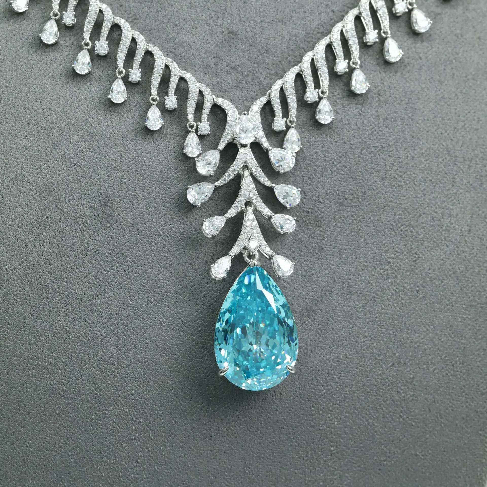 S925 Sterling Silver Necklace High Carbon Diamond Sea Blue Treasure Paraiba Water Drop Luxury Women's Necklace Wedding Jewelry