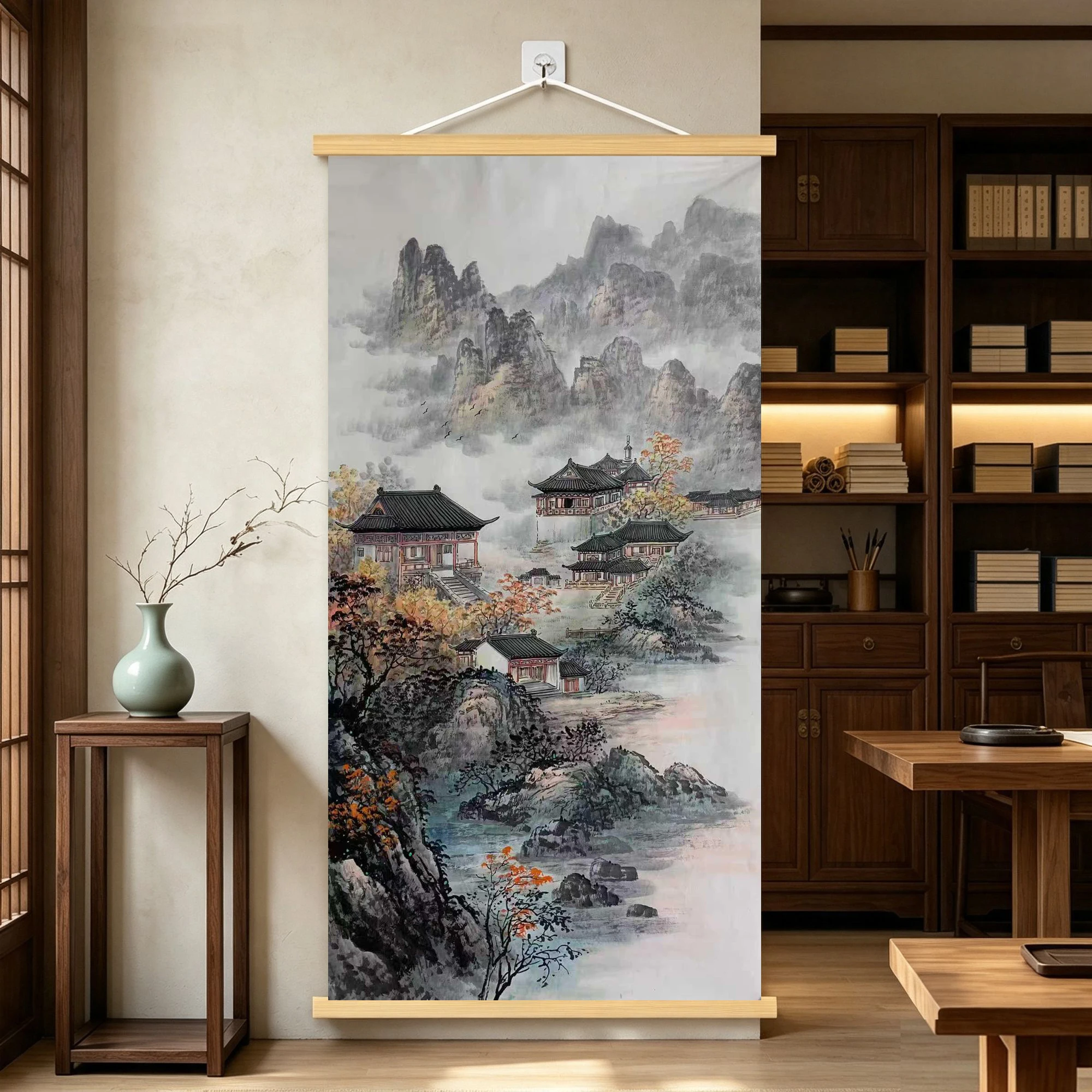 Traditional Chinese classical architecture, Jiangnan water town style, landscape painting, decorative painting, hanging painting
