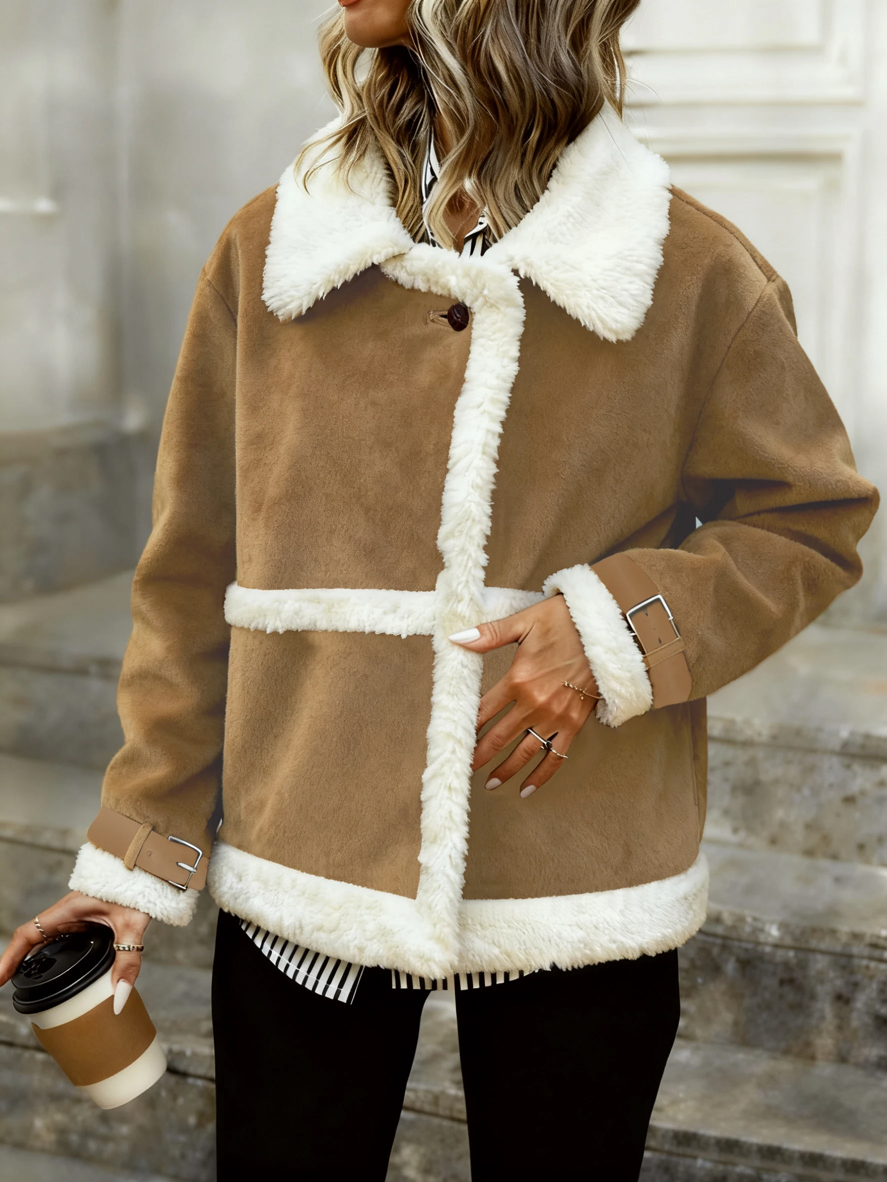 

Women's Camel Faux Suede Shearling Jacket - Notched Lapel Plush Trim Buckle Cuffs Loose Fit Autumn Winter Warm Coat