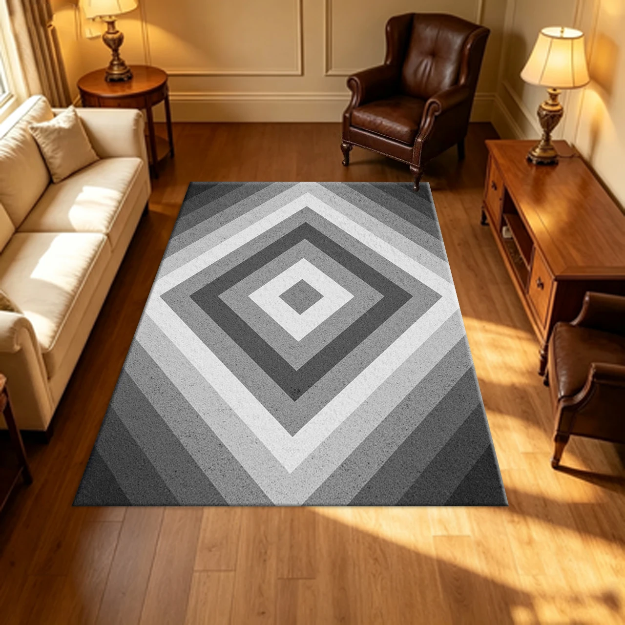 Monochrome Gray Concentric Diamond Carpet Flooring Geometric Layered Rhombus Household Indoor Decor Large Area Rug