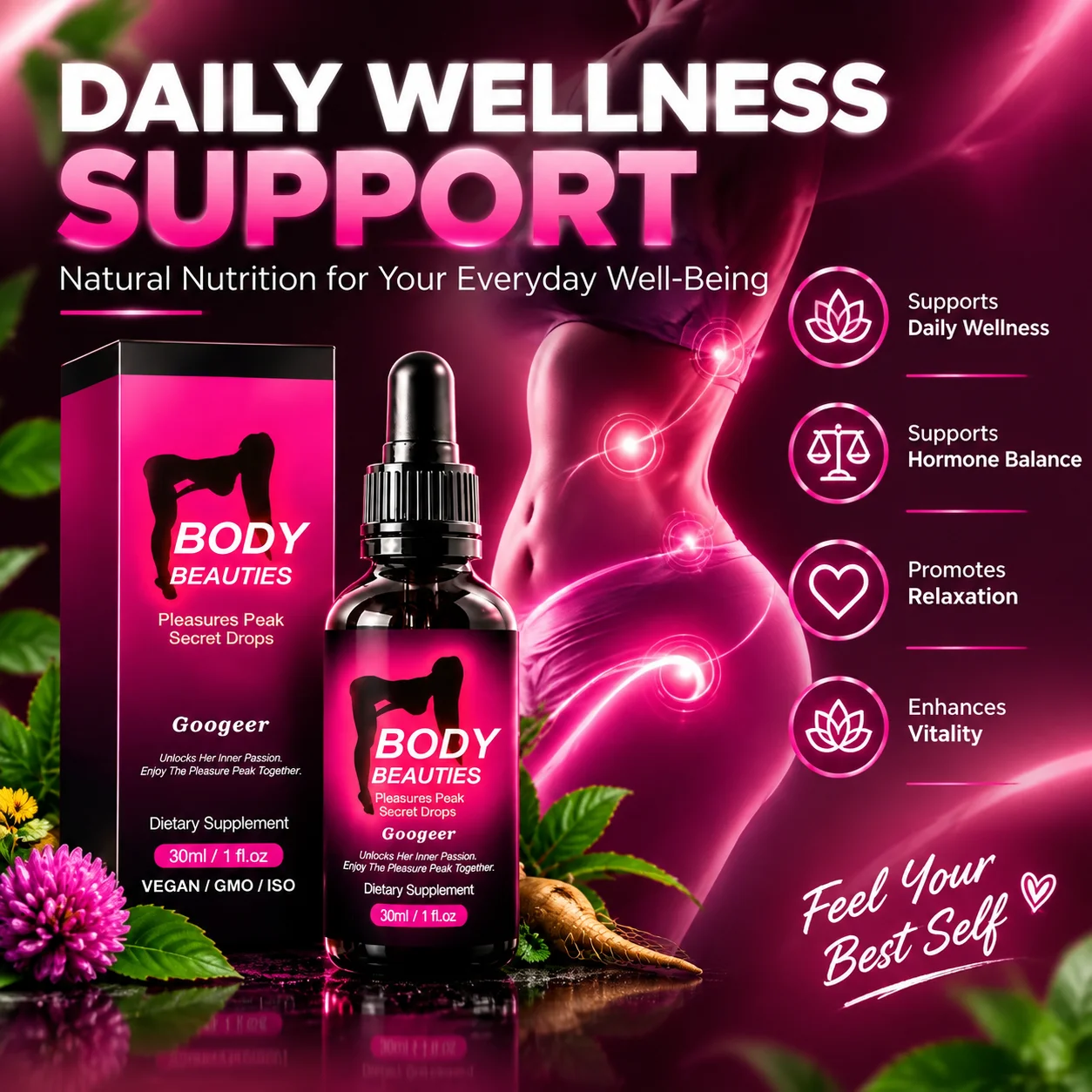 Pleasures Peak Secret Oral Drops for Daily Confidence & Intimate Wellness Support with Maca Root Damiana Leaf Ginseng, 30ml