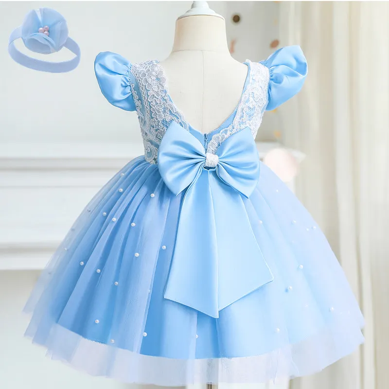 Infant Baby Girl Princess Dress V-Back Bow Tulle Tutu Vestidos Flower Girl Wedding Party Prom Gown Formal Ceremony Lace Dresses