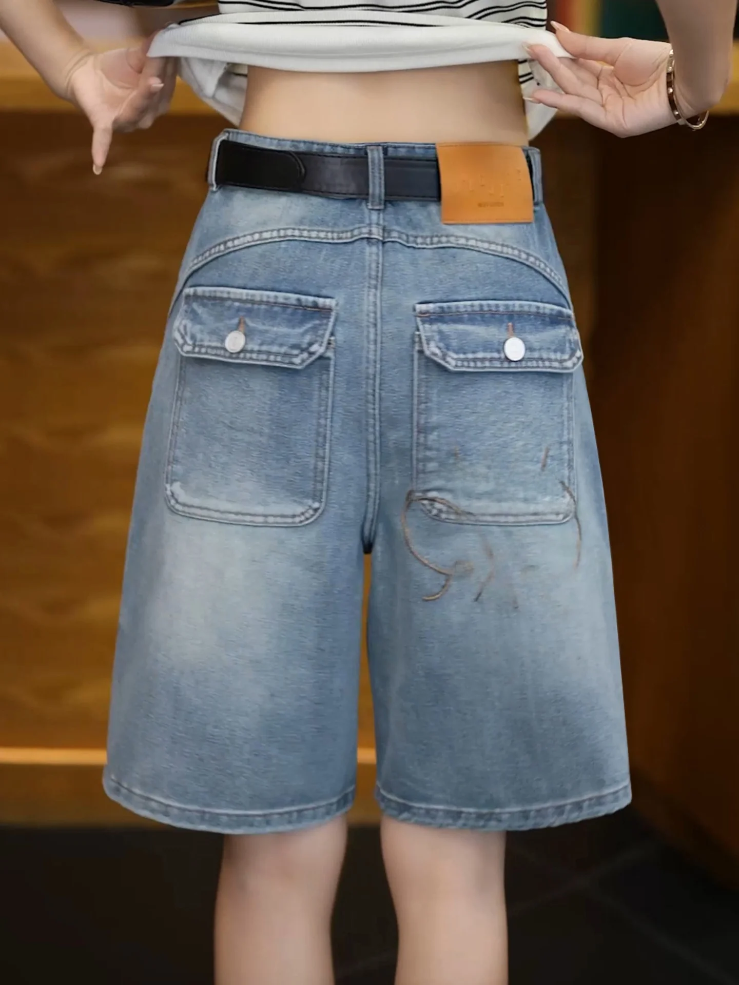 Retro Embroidered High Waist Short Shorts Women's Summer Thin New Small Size Wide Leg Medium Pants Casual Straight Leg Jeans