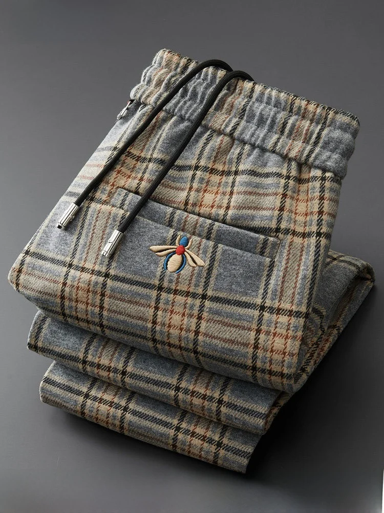 

Зимние утепленные шерстяные брюки в клетку для мужчин, повседневные, приталенные, теплые, прямые, спортивные, длинные, модные, молодежные