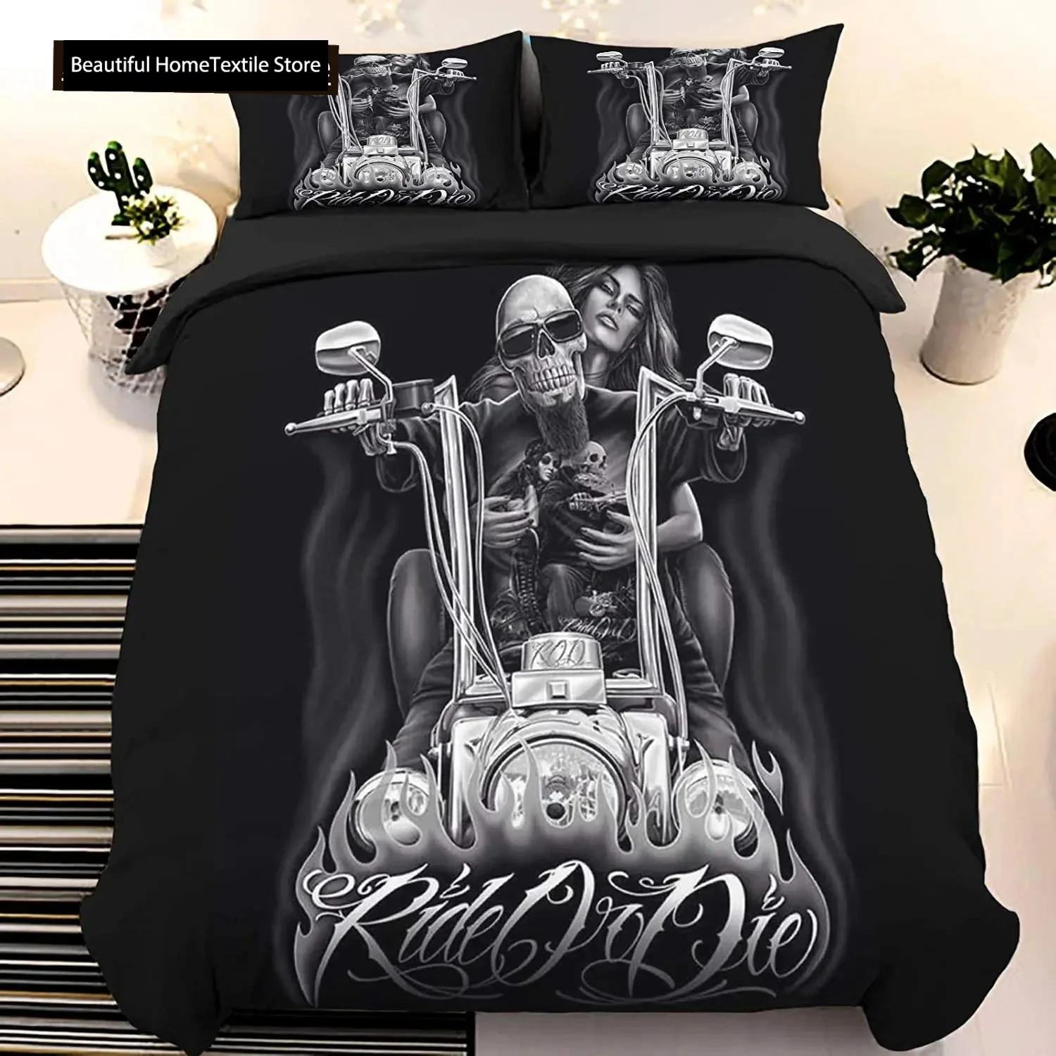 Skull Duvet Cover Set King, Skull Beauty Printed Duvet Cover Set Ride Or Die Motor Bedding Set,Corner Tipes Gothic Skull Bedding