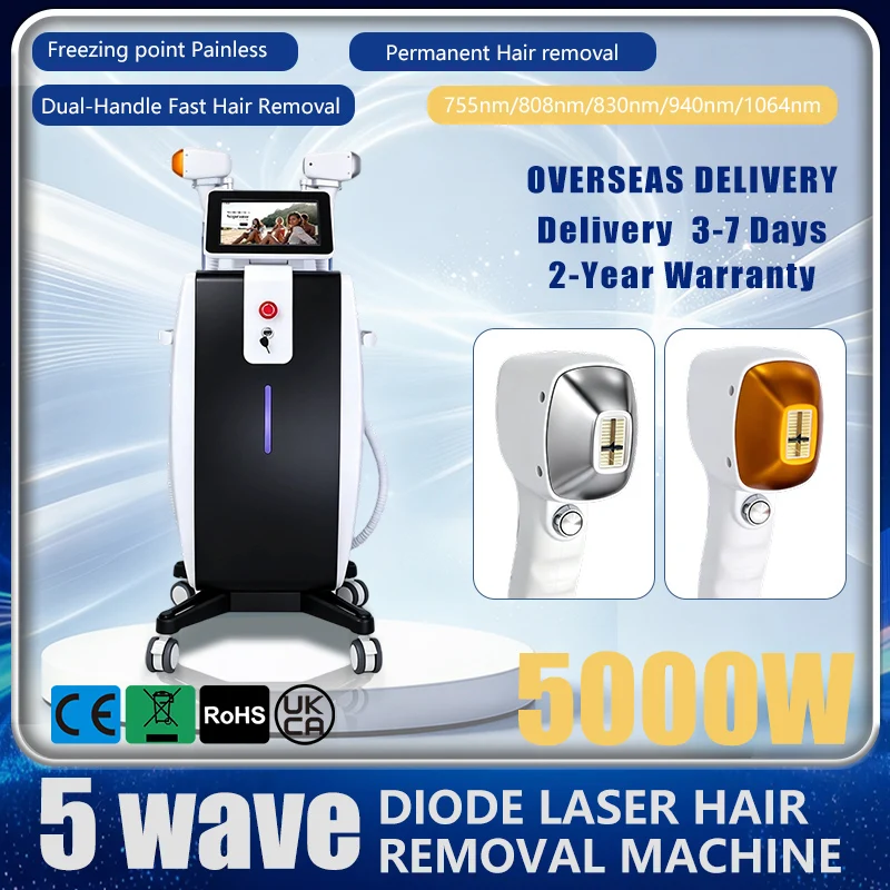 2 Handle Diode Laser Hair Removal Device 5000W 10 Bars 5 Wavelength 755nm‑1064nm Permanent Body Hair Remover Smart Touch Screen