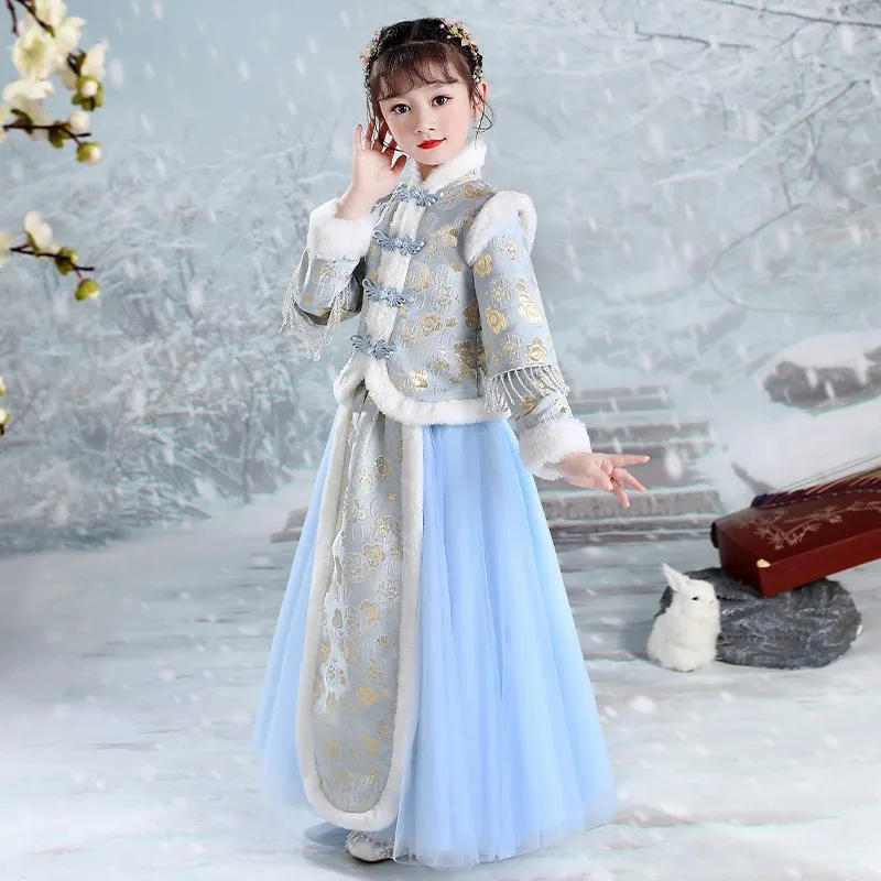 2022 Winter New Kids Embroider Hanfu Dresses Girls Chinese New Year Clothing Flower Girl Dress For Chinese Wedding Evening