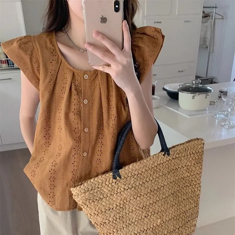 Vintage Lace Hollow Out Shirt Summer New Stylish Flying Sleeve Female Clothing Commute Single-breasted Solid Color Casual Blouse