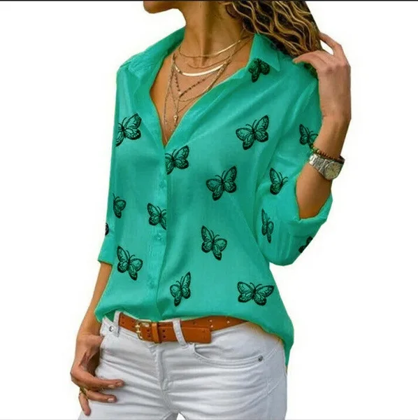

Women Long Sleeve Blouse Oversized Spring Autumn Turn Down Collar Loose Office Lady Casual Butterfly Printing Basic