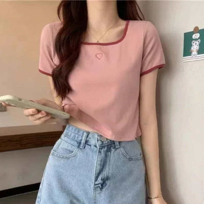 T-shirts Women 5 Colors Design Sweet Simple All-match Students Tender Square Collar Fashion Summer Daily French Style Cozy Basic