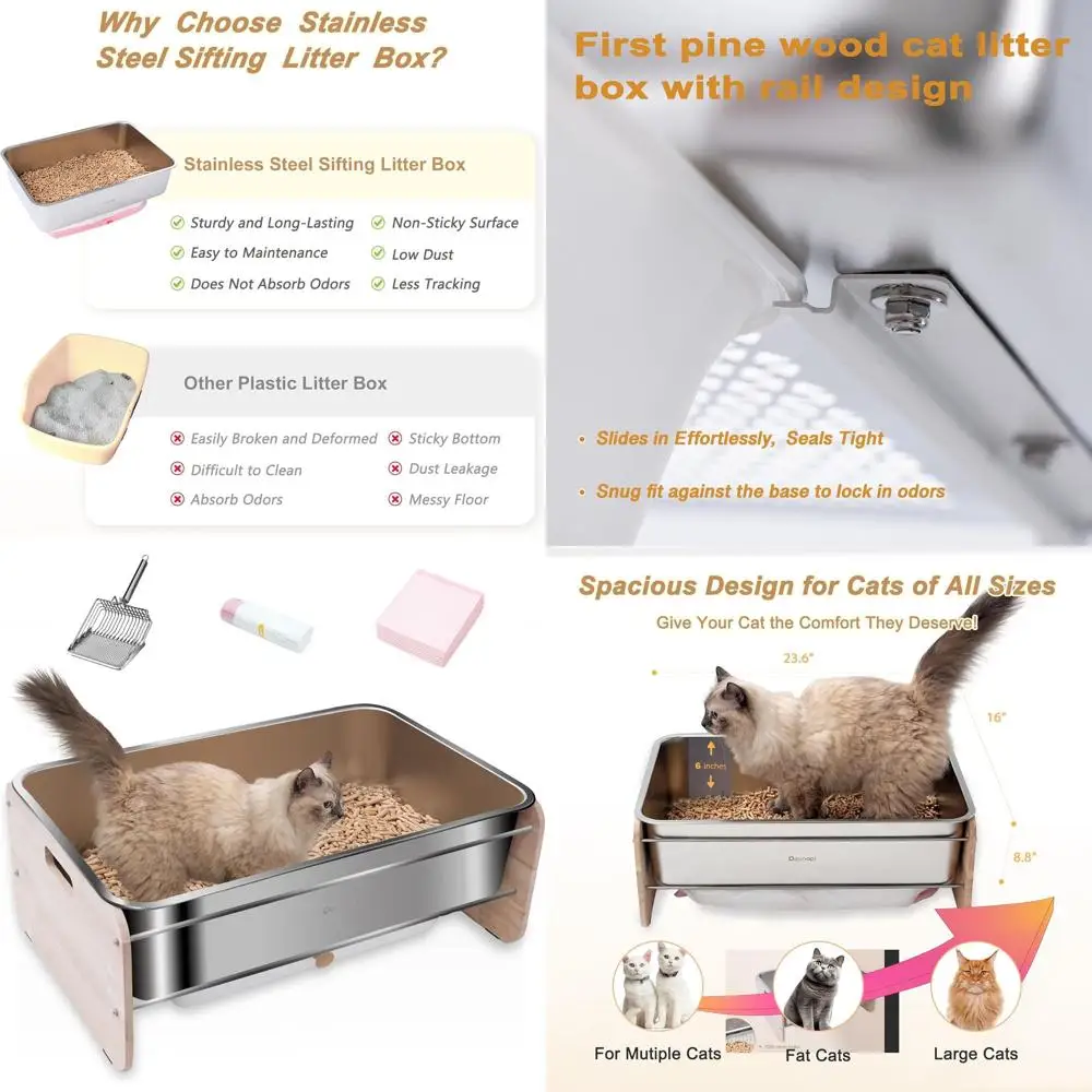 

Wooden Paneled Stainless Steel Litter Box for Pine Pellet Litter with Dust-Collecting Tray