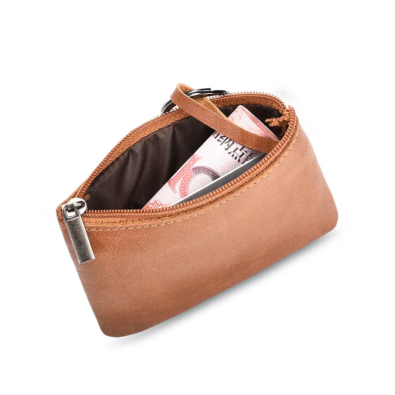 Lederen Mini Multifunctionele Portemonnee Met Hangende Ring Retro Unisex Dubbele Rits Korte Clutch Twee-Compartimenten Kleine Kaarttas