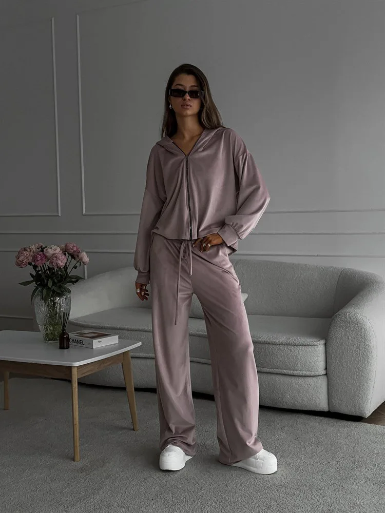 レディースパンツ2点セット 秋冬 無地 カーディガン ストリートスタイル ハイウエスト スウェットシャツ Conjunto 2 Piezas Para Mujer