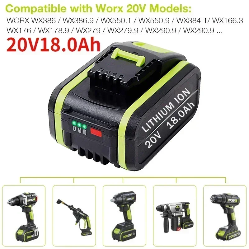 

2024 NEW 20V18000mAh Lithium Rechargeable Replacement Battery for Worx Power Tools WA3551 WA3553 WX390 WX176 WX178 WX386 WX678