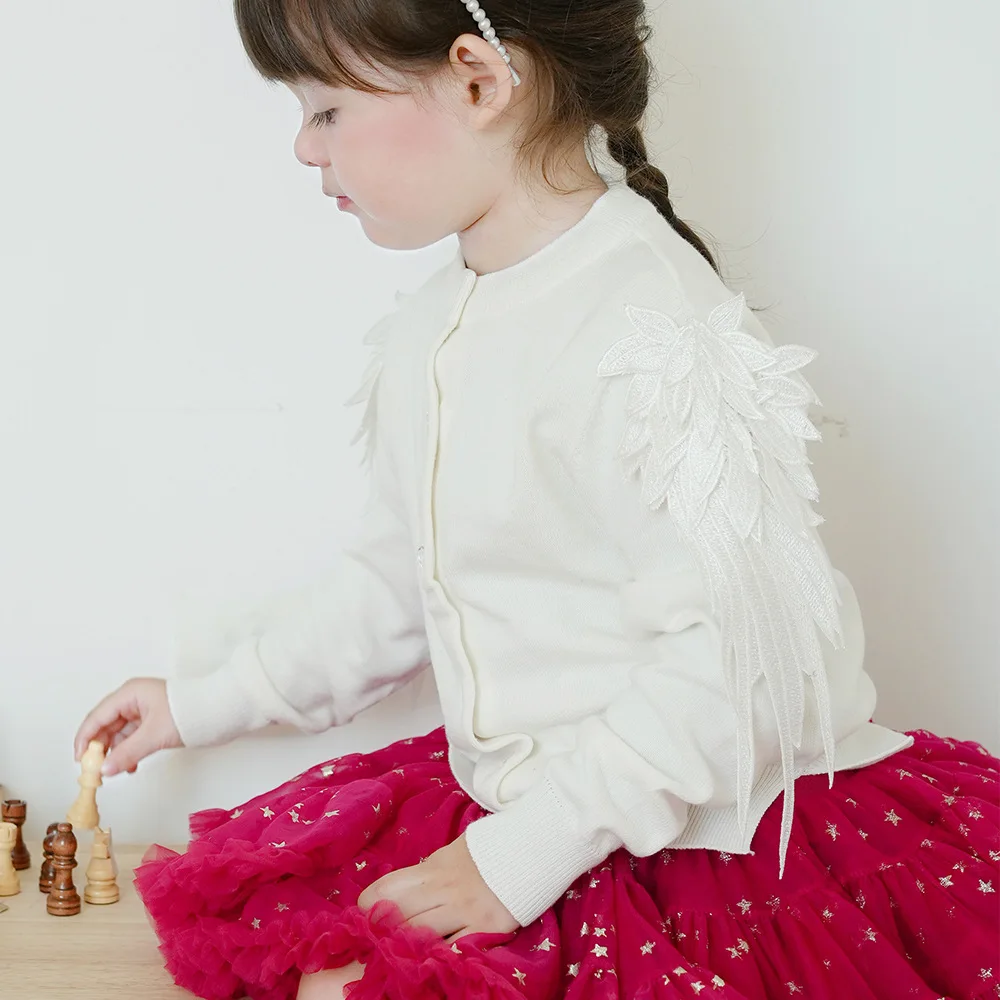 Girls 3D Wing Lace Knit Cardigan Kids Button Down Long Sleeve Sweater Coat Children Cute Party Knitwear Tops For Spring Autumn