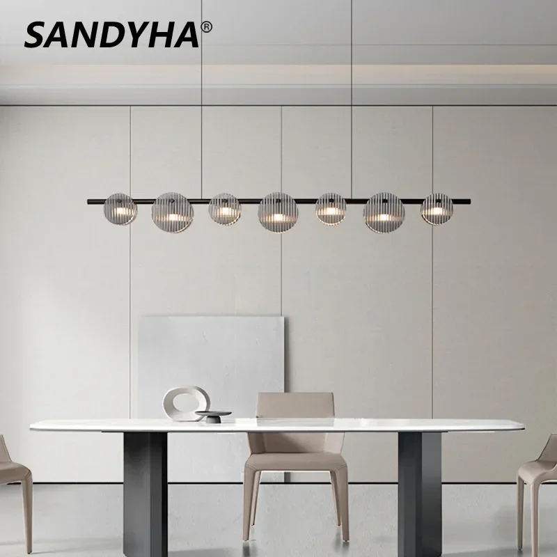 SANDYHA Modern Minimalist Chandeliers Strip Glass Lampshade Designer Living Dining Table Room Lighting Pendant Lights LED Lamps