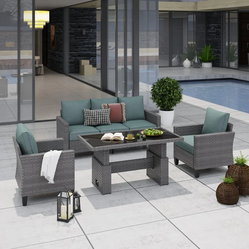 

Набор мебели для патио на открытом воздухе, плетеный набор для бесед из 4 предметов с подъемным журнальным столиком, секционный обеденный набор, 3-местный диван