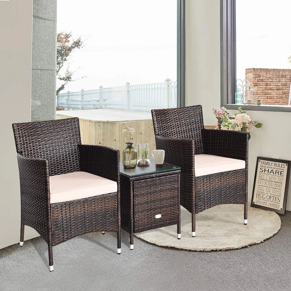  3 Piece Patio Set Wicker Rattan Furniture Set Outdoor Rattan Conversation Set with Coffee Table Chairs & Thick Cushio