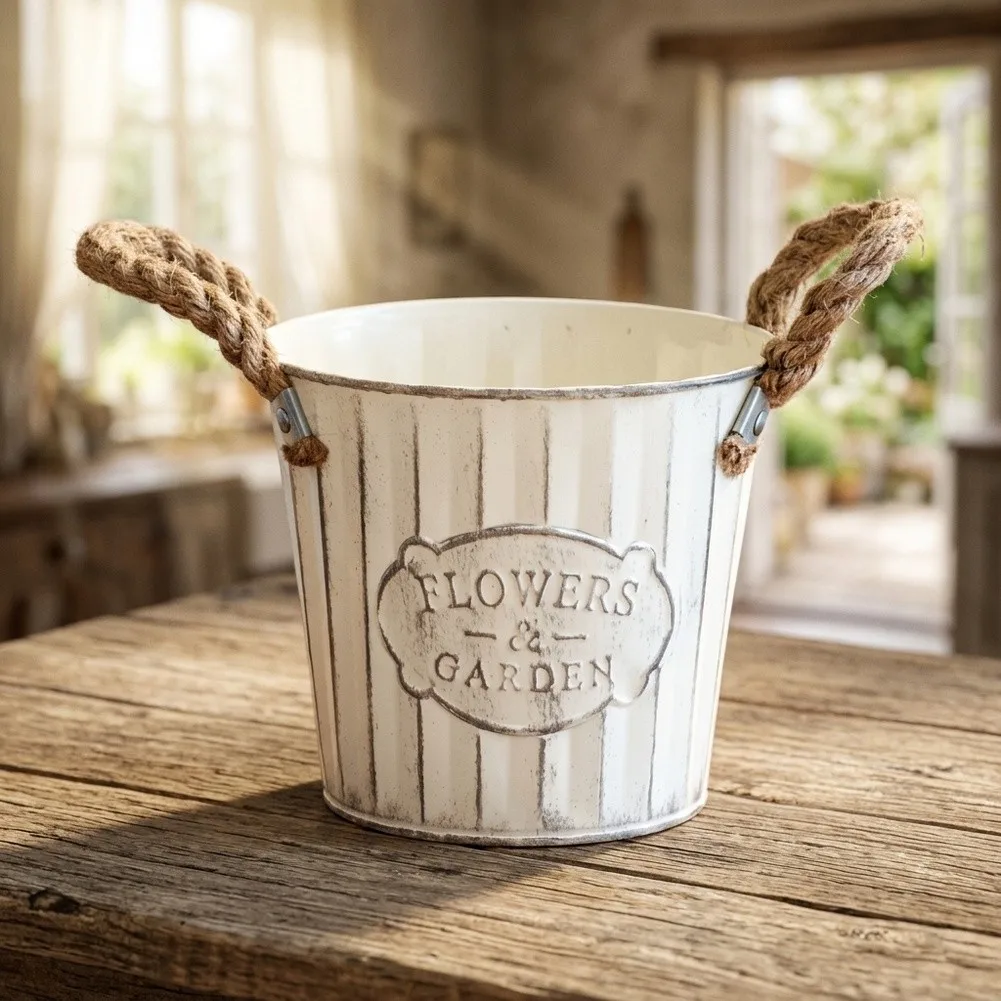 for beige Distressed Vertical Pattern Iron Flower Container with Woven Hemp Rope Handle for Home Office Garden Decor