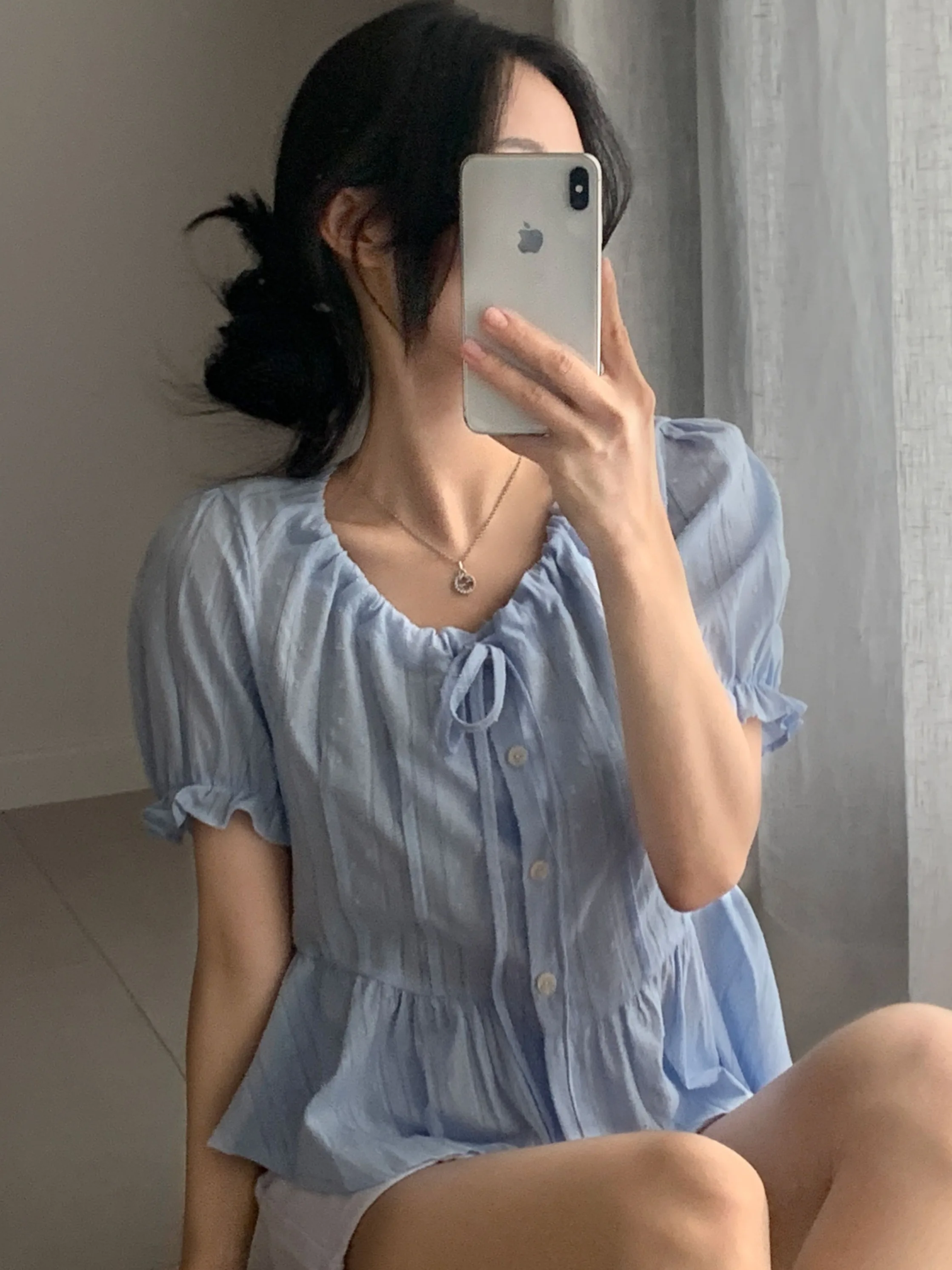 

Blue irt ort Sve Chic Summer Tied Draped Floral Embroidery Women's Vintage Puff Sve ort Top Trendy