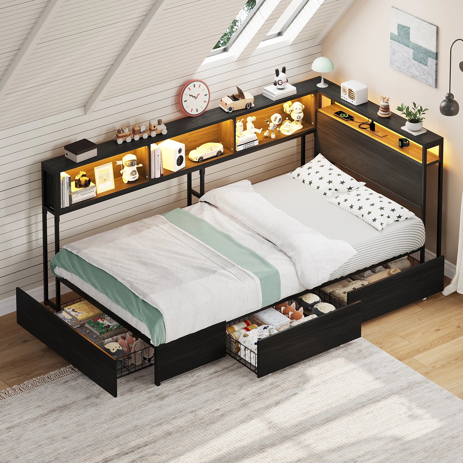 44.8*81inch Single/Double Bed with 3 Storage Drawers, LED Bookshelf Headboard with Charging, Metal Platform Corner Bed Frame In Queen Size, Ample Storage Space, Black