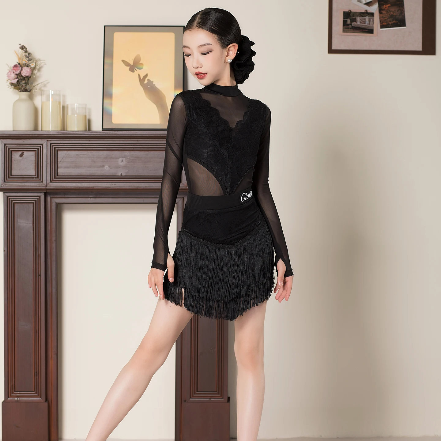 2025 neue Latin Dance Performance Bühne Kostüme Für Mädchen Mesh Ärmeln Quaste Röcke Anzug Samba Chacha Latin Dance Tragen XH 3761
