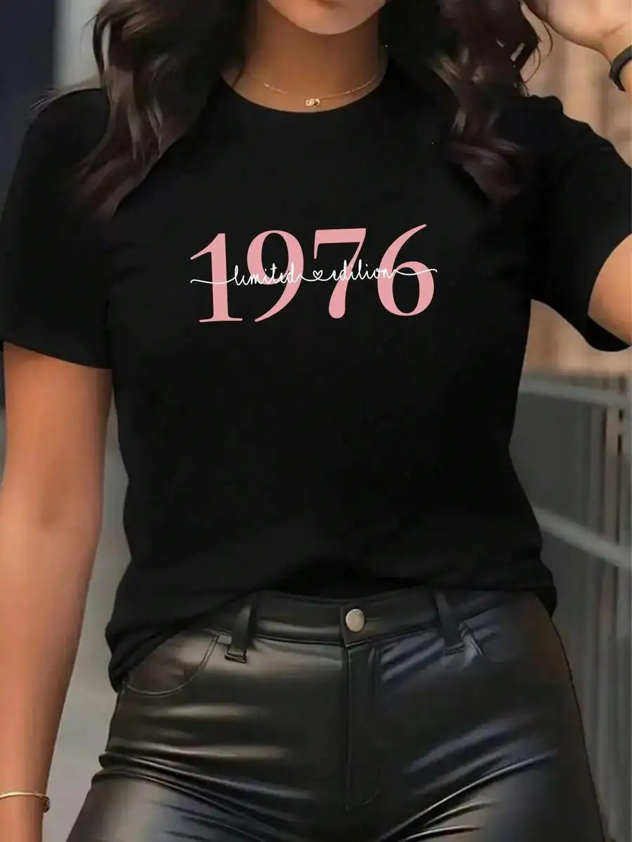 Vintage 1976 50th Birthday Gifts T Shirt Women Limited Edition Graphic Tee Pink Number 1976 Printed O Neck Casual Tops 2027