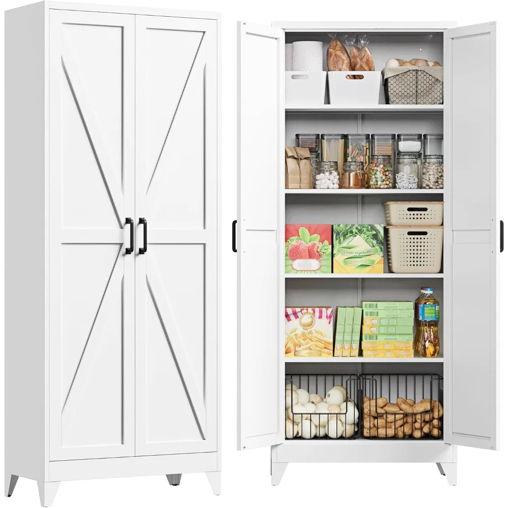 

75-дюймовый металлический шкаф для хранения в фермерском доме с дверцами и 4 регулируемыми полками, большой органайзер для кладовой для кухни, столовой и Li