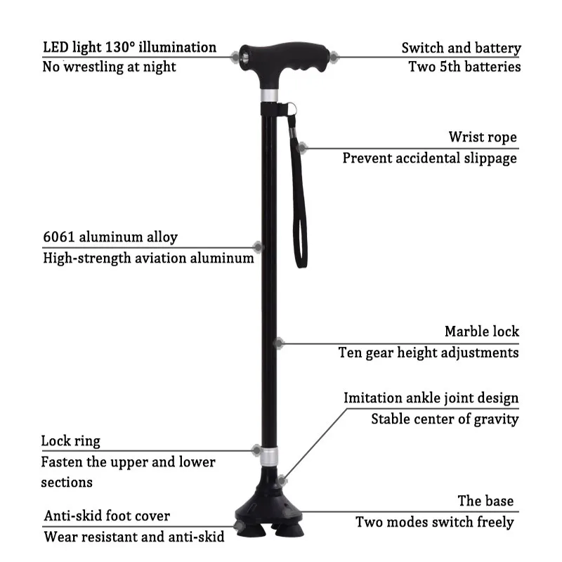 Non-slip Walking Sticks For The Elderly Retractable Aluminum Alloy Multifunctional Cane With Led Light Old Men Crutch