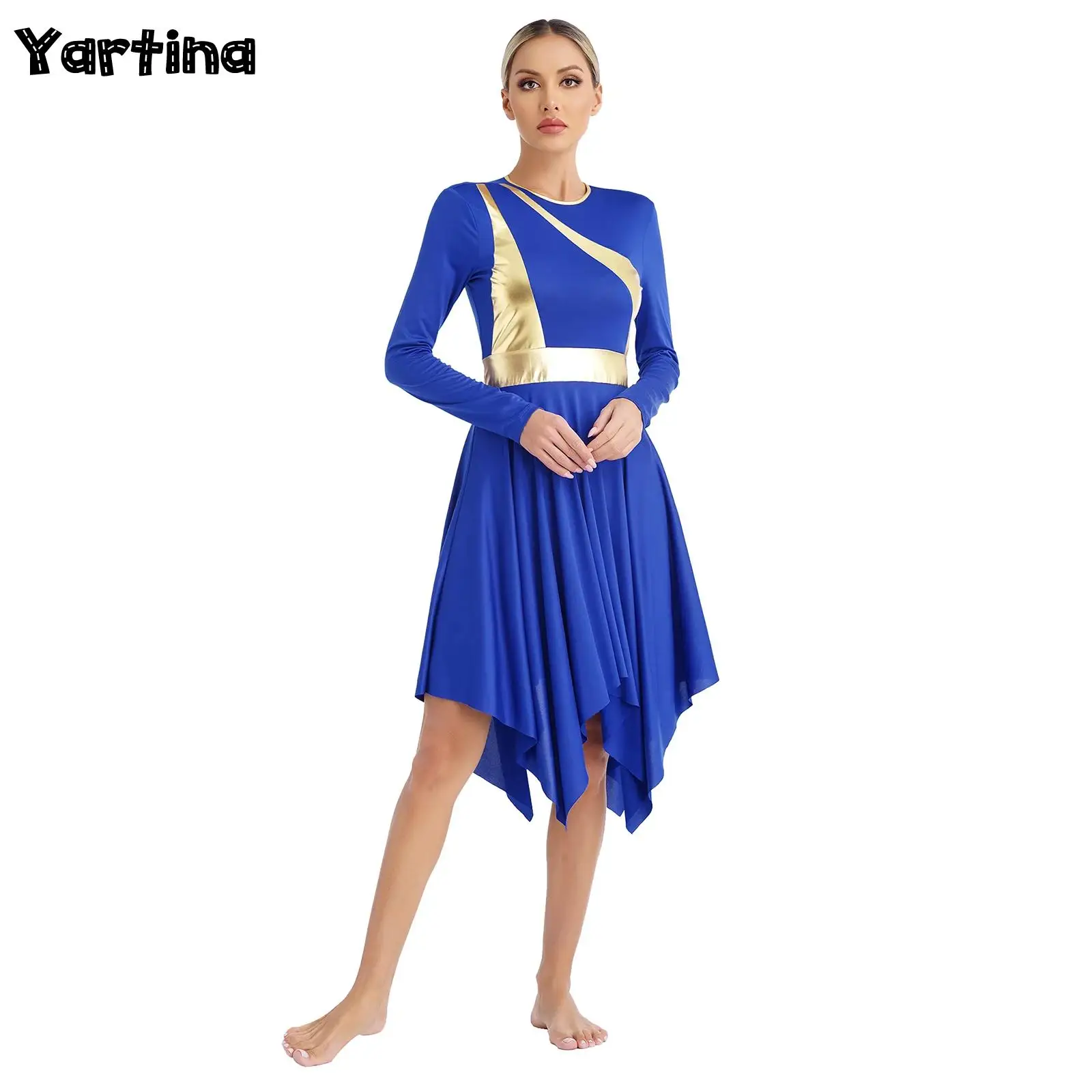 

Womens Liturgical Praise Ballet Dance Performance Costume Metallic Shiny Irregular Long Sleeve Choir Overlays Dresses Dancewear