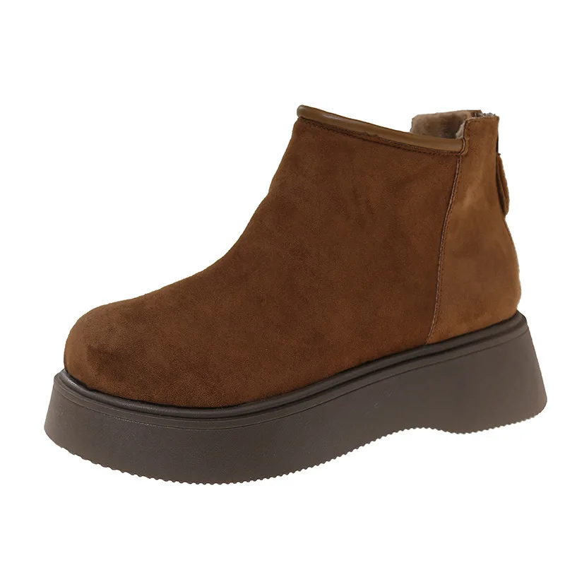 

Women's Short Boots Thick Bottomed Fleece Lined round Toe High Heel Autumn Winter Korean Style Warm Cotton Boots Zipper Back