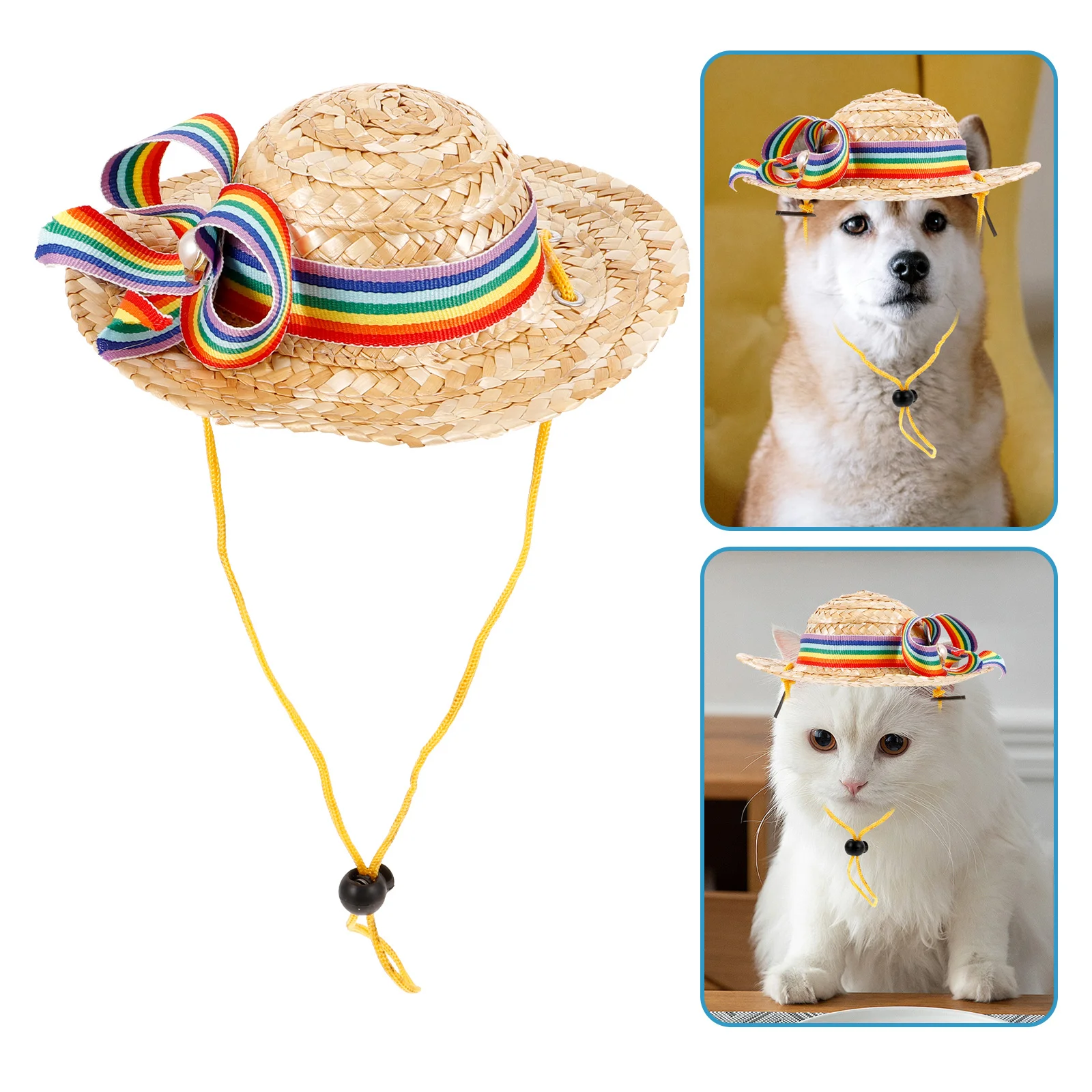

Decorative Pet Hat Rainbow Ribbon Straw Woven for Dogs Cats Cosplay Parties Festivals Photo Shoots Dog Straw Hat