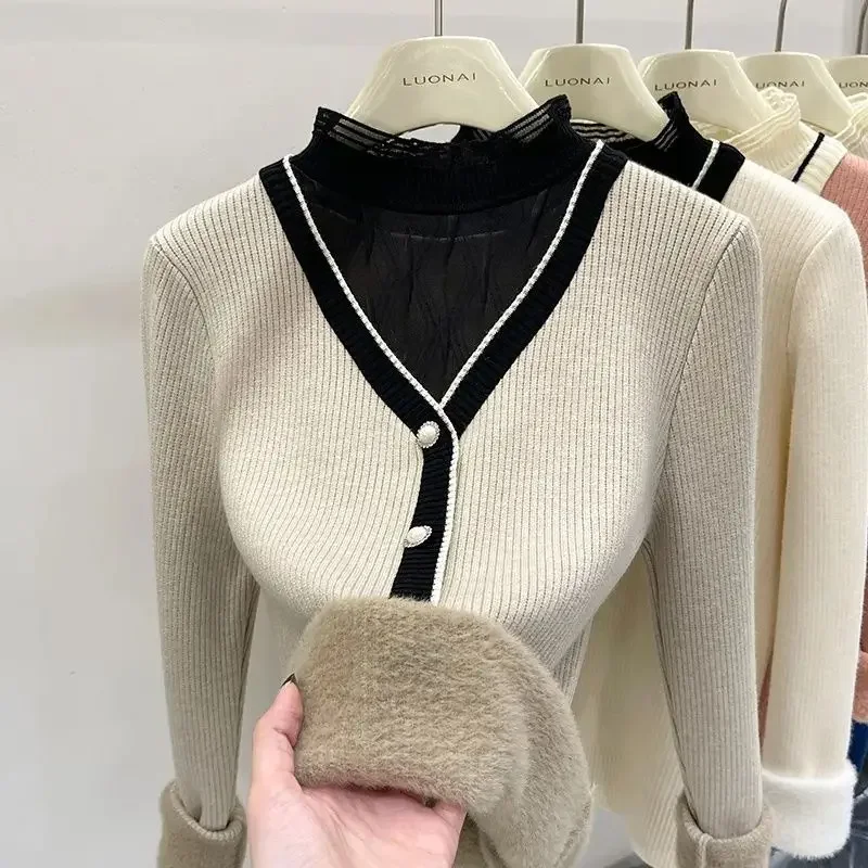 New Autumn Winter Fashion Temperament Women Fake Two Piece  French Spliced Mesh Half High Neck Knitted Hoodies High End Sweater