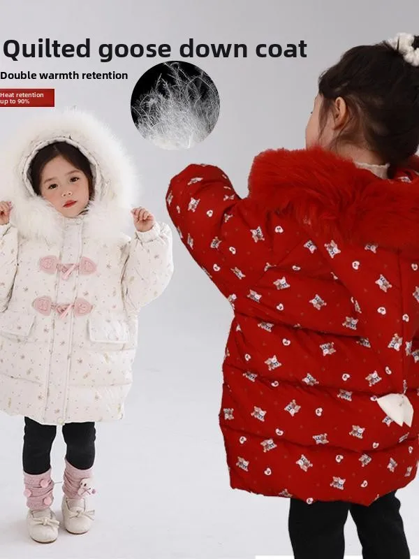 

Зимняя теплая удобная пуховая куртка средней длины с меховым воротником и капюшоном для девочек, верхняя одежда с героями мультфильмов для маленьких детей