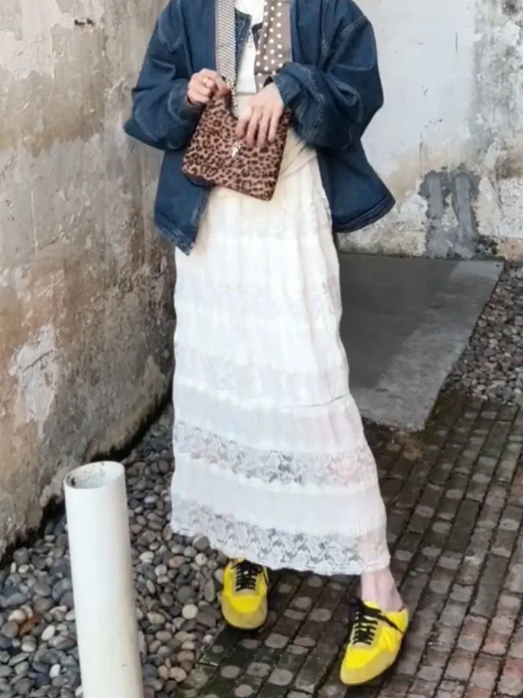 

Elegant White Lace Half Skirt Vintage Heavy Embroidery Design Spring New Style Gentle Hook Flower Long Skirt for Women