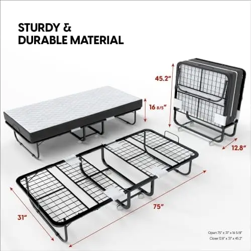 Folding Bed with Mattress - 75x31 Cot Size Frame - Portable Rollaway Guest Bed with 5-inch Memory Foam Mattress