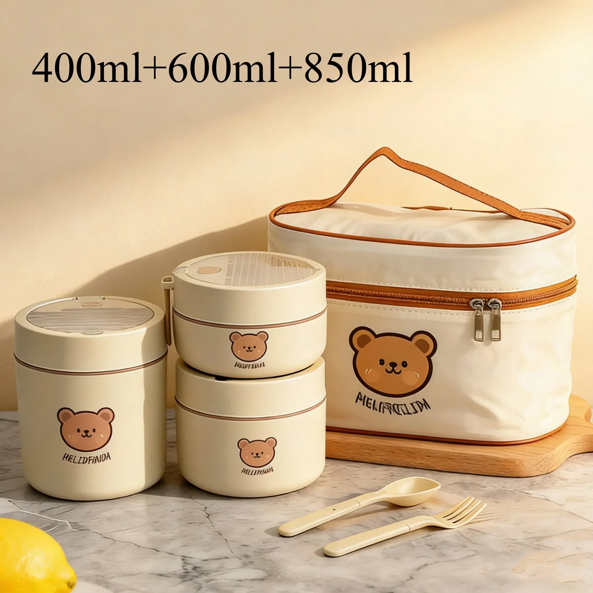 316 roestvrijstalen thermische lunchbox met lepel, geschikt voor gebruik in de magnetron, lekvrij, schattige bentobox, ronde voedselcontainer voor kinderen.