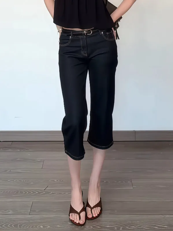 American Retro Low Rise Capri Jeans for Women Straight Leg Denim Capris Knee Length Cropped Pants Y2k Streetwear