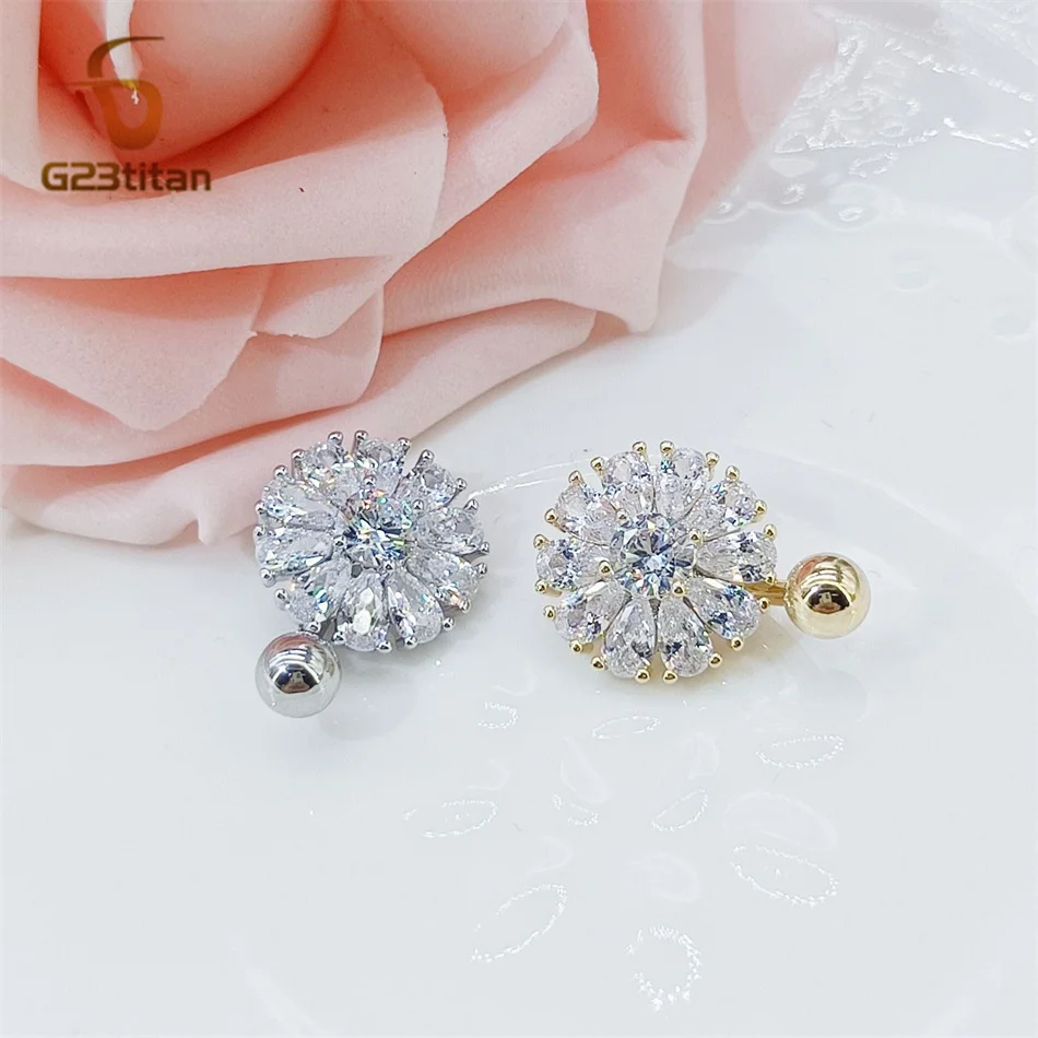 Bright Flower Belly Button Ring CZ Zircon 14G 10mm Titanium or Steel Reverse Barbell Navel Piercing Body Jewelry ﻿nombril titane