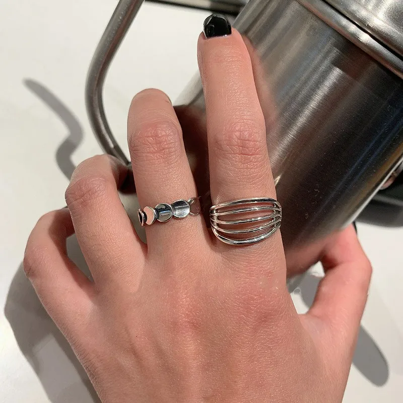 VENTFILLE 925 Sterling Silve Geometry Multi layer lines Ring For Women Versatile Retro Distress Temperament Jewelry New Trendy