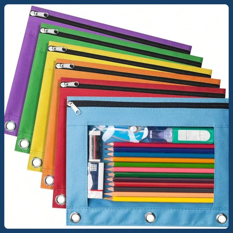 6-pakowy piórnik z segregatorem 3-ringowym, piórnik z segregatorem 3-ringowym z gładkim zamkiem błyskawicznym, wielokolorowy segregator na ołówki, piórnik z segregatorem na górze.