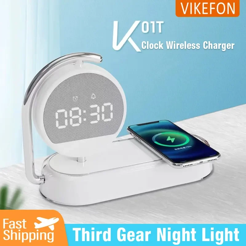 LED Night Light 3 Lights 360° Rotate Clock Alarm Clock Desktop Mobile Phone Wireless Charger for Bedroom Smart Phones Room Decor