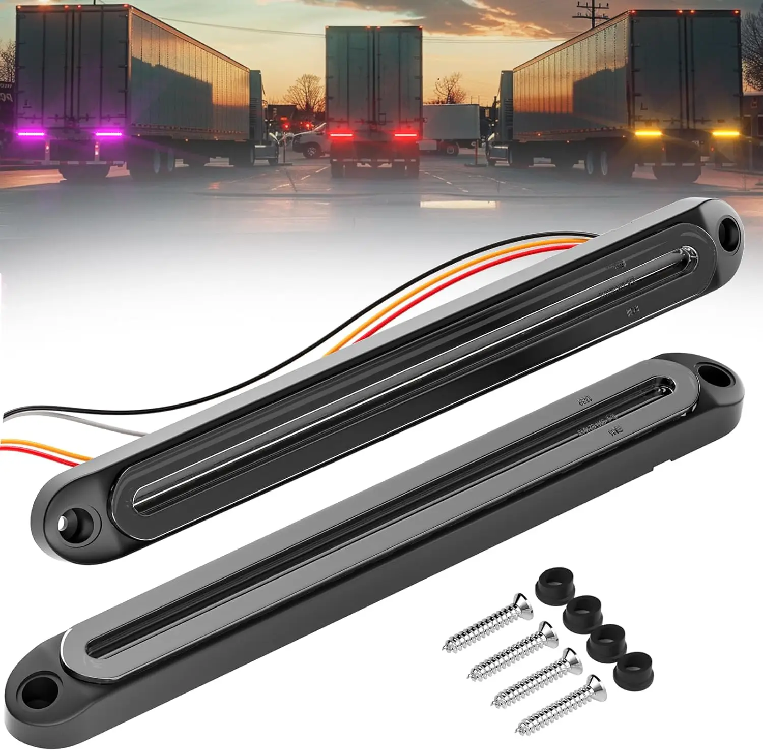 3-Color LED Light Strip for Trailer-Amber Red Purple Brake Turn Signal Running Lights Waterproof Rear Identification Marker 2Pcs