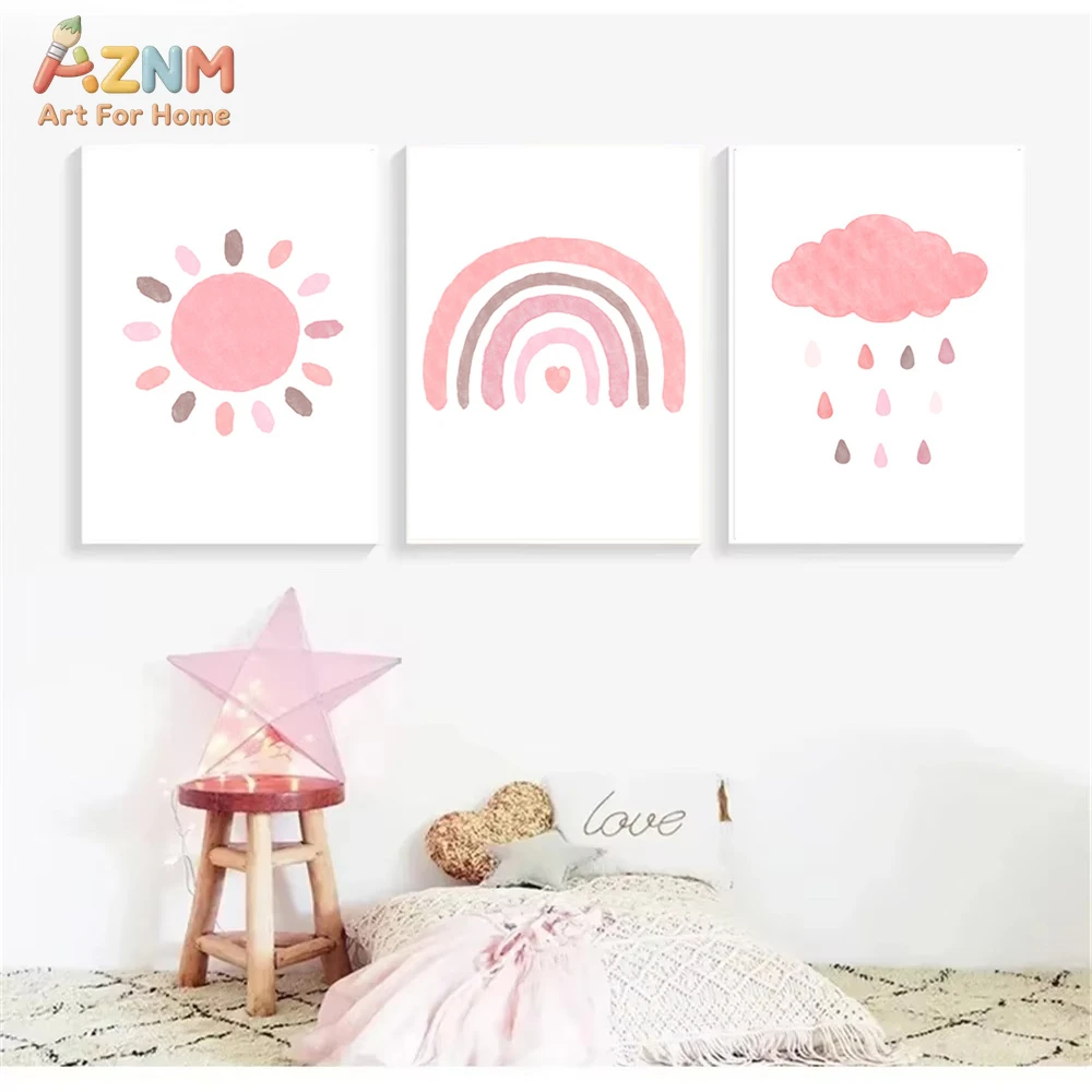 AZNM Pastel Watercolor Nursery Canvas Wall Art, Soft Sun Rainbow Cloud Weather Minimalist Print Baby Kids Room Bedroom Home Wall
