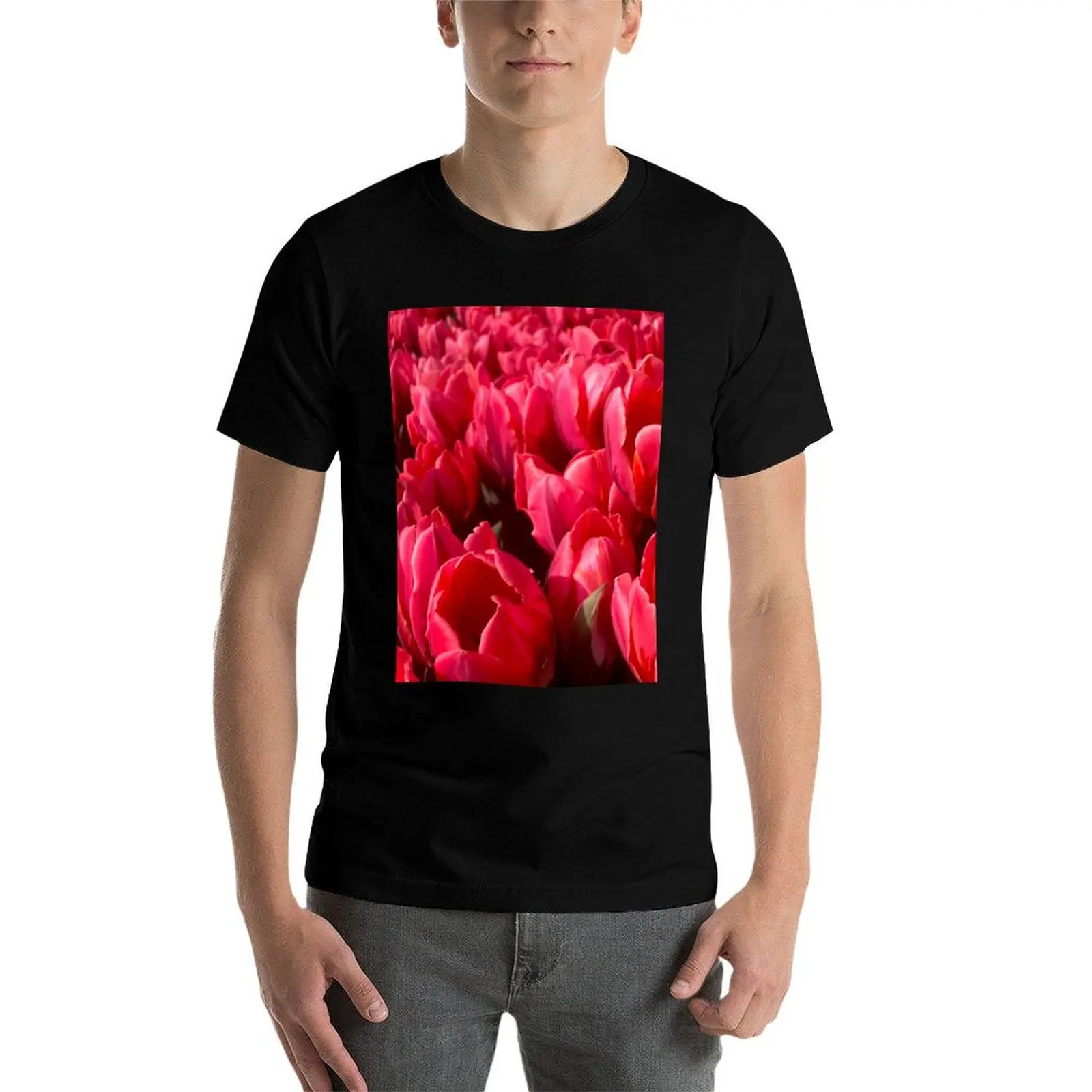 Red Tulip Flower bed (Tulips from Amsterdam) T-Shirt Running Gym Short Sleeve Sports Tee view 4