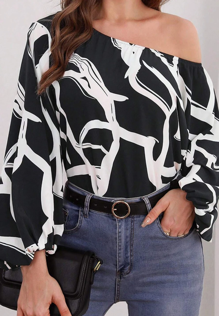 Two Tone Printed Asymmetrical Off Shoulder Balloon Long Sleeve Top One Shoulder Blouse for Women