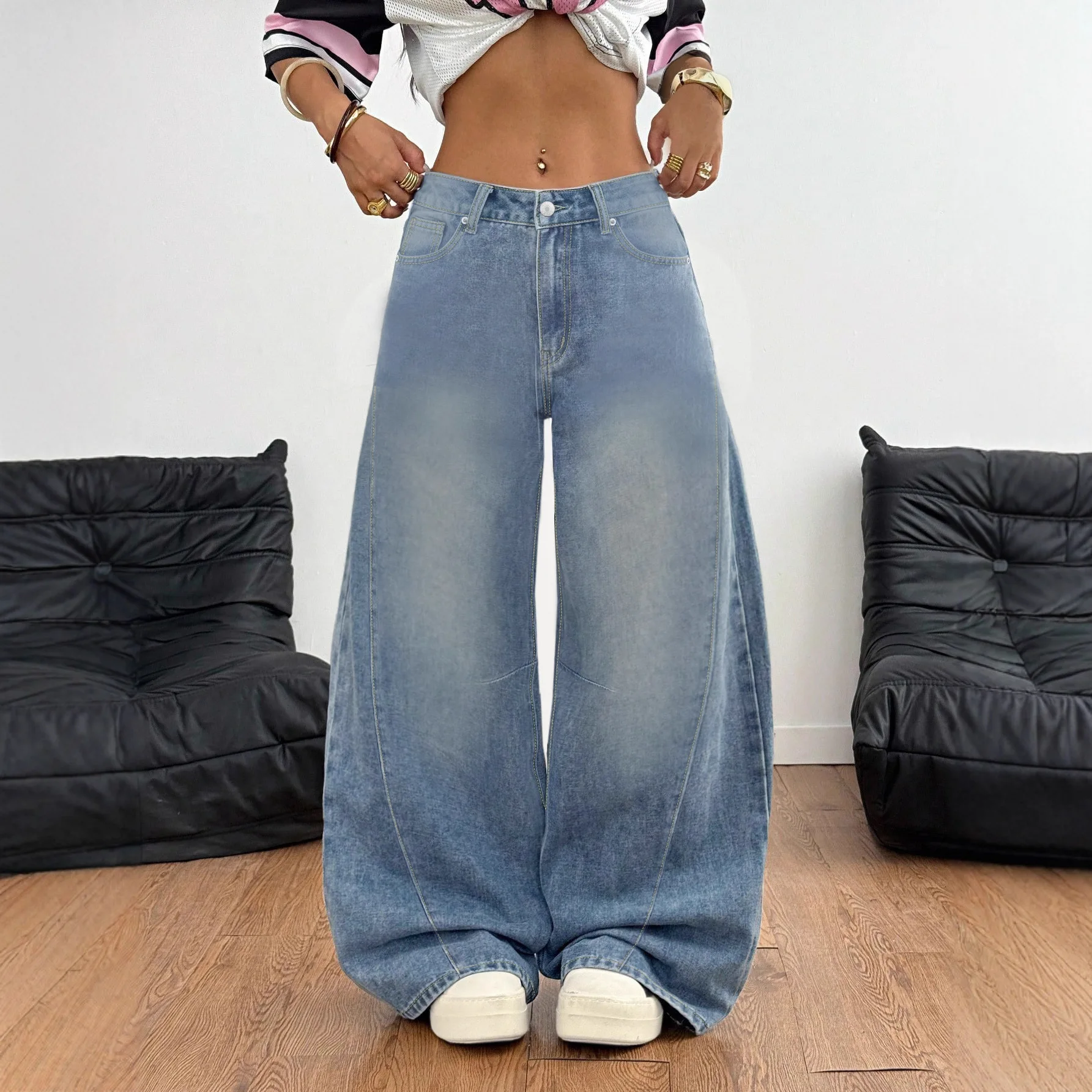 

American Retro High Waist Loose Fit Straight Leg Jeans Slimming Design Long Trousers Vintage Style Elegant Fashion