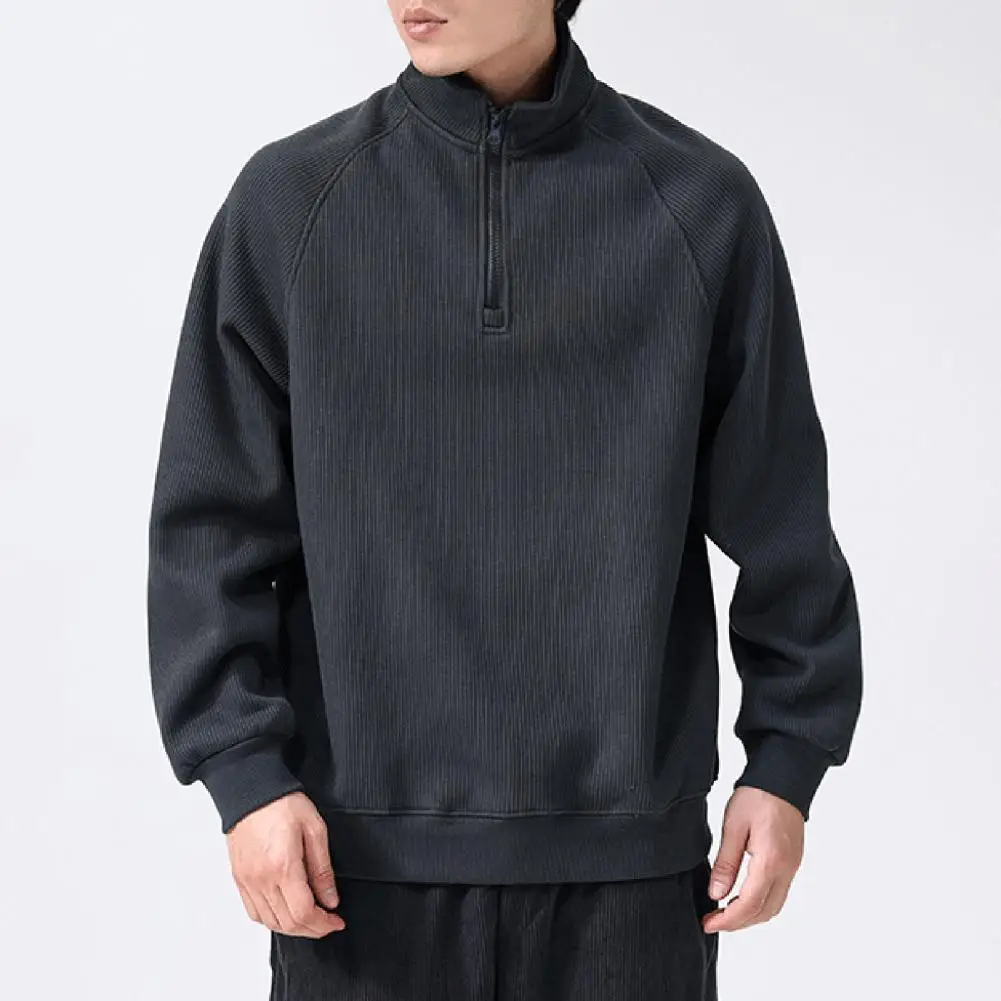 

Men's Autumn And Winter Semi-zipper Stand Collar Loose Solid Color Loose Long-sleeved Retro Casual Daily Wear Top