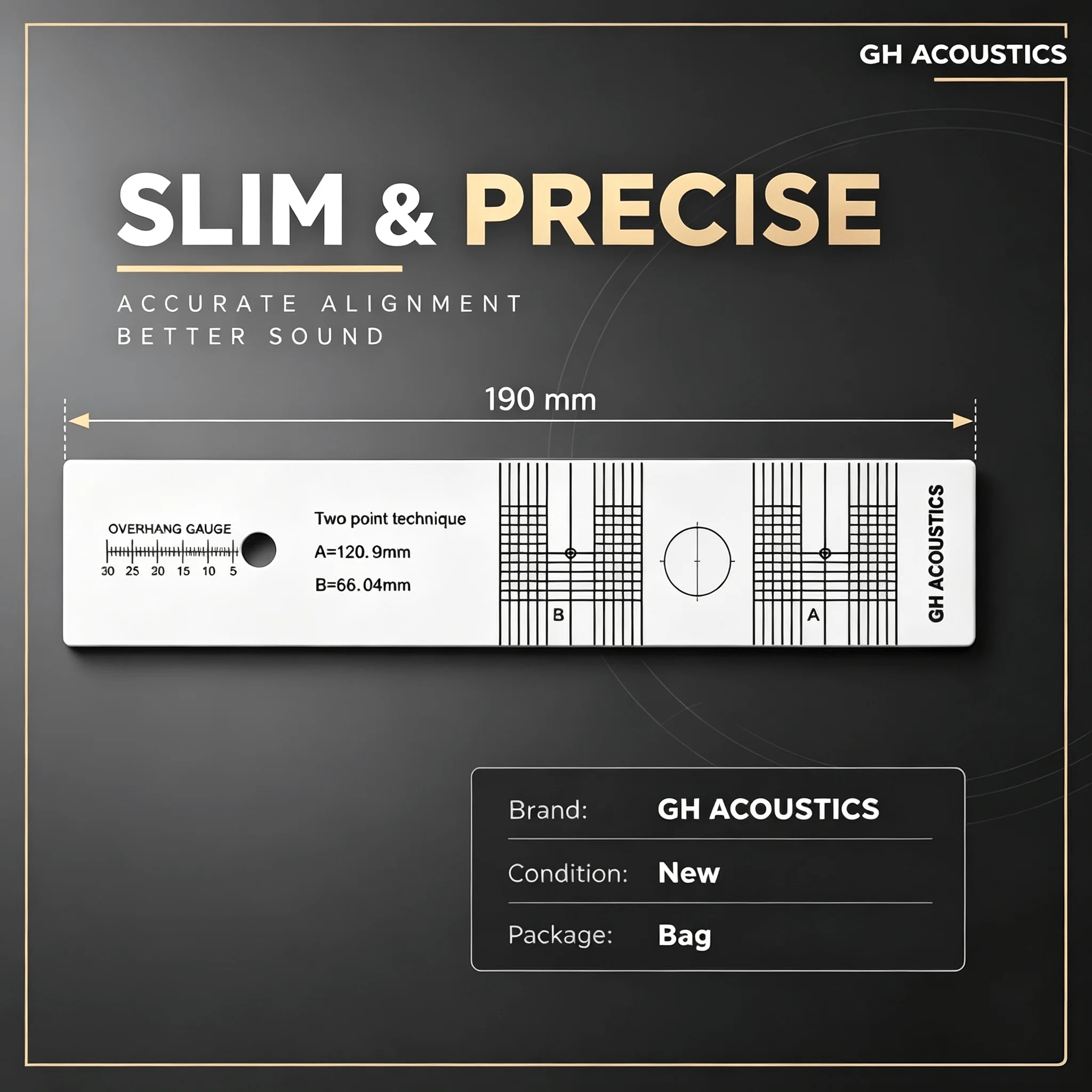 Vinyl Phono Alignment Protractor GH ACOUSTICS 2-Point Cartridge Gauge LP Turntable Stylus Overhang Calibration Tool