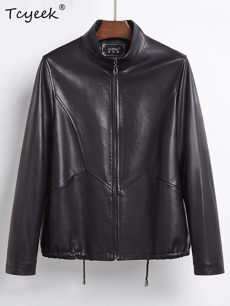 Tcyeek Echt Schaffell Frauen Leder Jacke Frühling Herbst Vintage Stehkragen Kurze Lange Hülse Schwarz Jacken Chaqueta Cuero